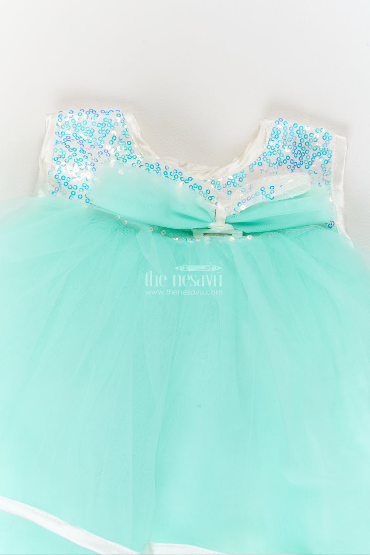 Girls Soft Net Party Frock in Mint Turquoise with Sparkling Yoke Bow