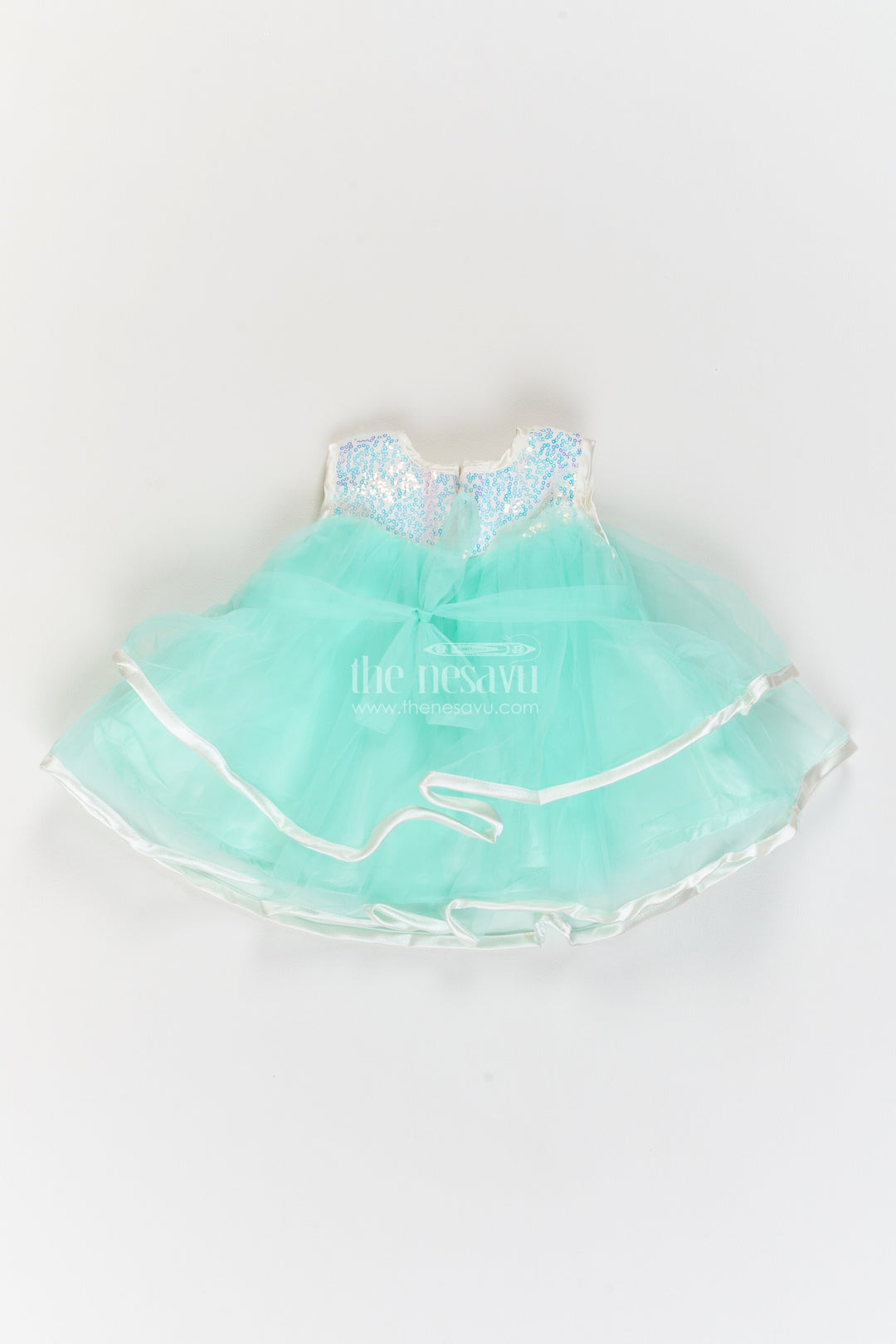 Girls Soft Net Party Frock in Mint Turquoise with Sparkling Yoke Bow