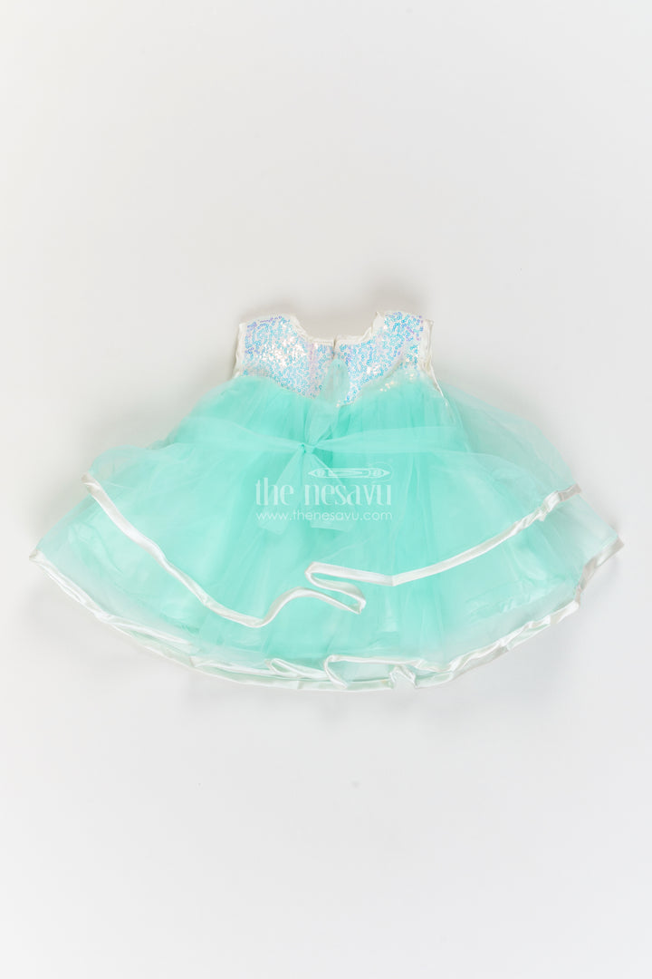 Girls Soft Net Party Frock in Mint Turquoise with Sparkling Yoke Bow
