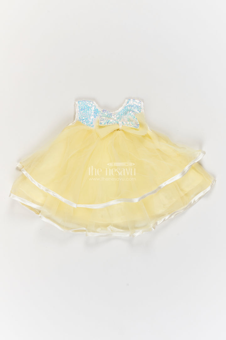 Girls Lemon Yellow Soft Net Ribbon Edged Tiers Party Frock