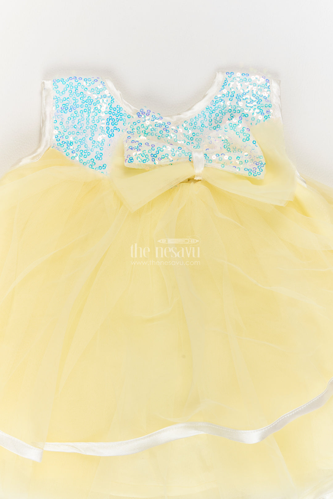 Girls Lemon Yellow Soft Net Ribbon Edged Tiers Party Frock