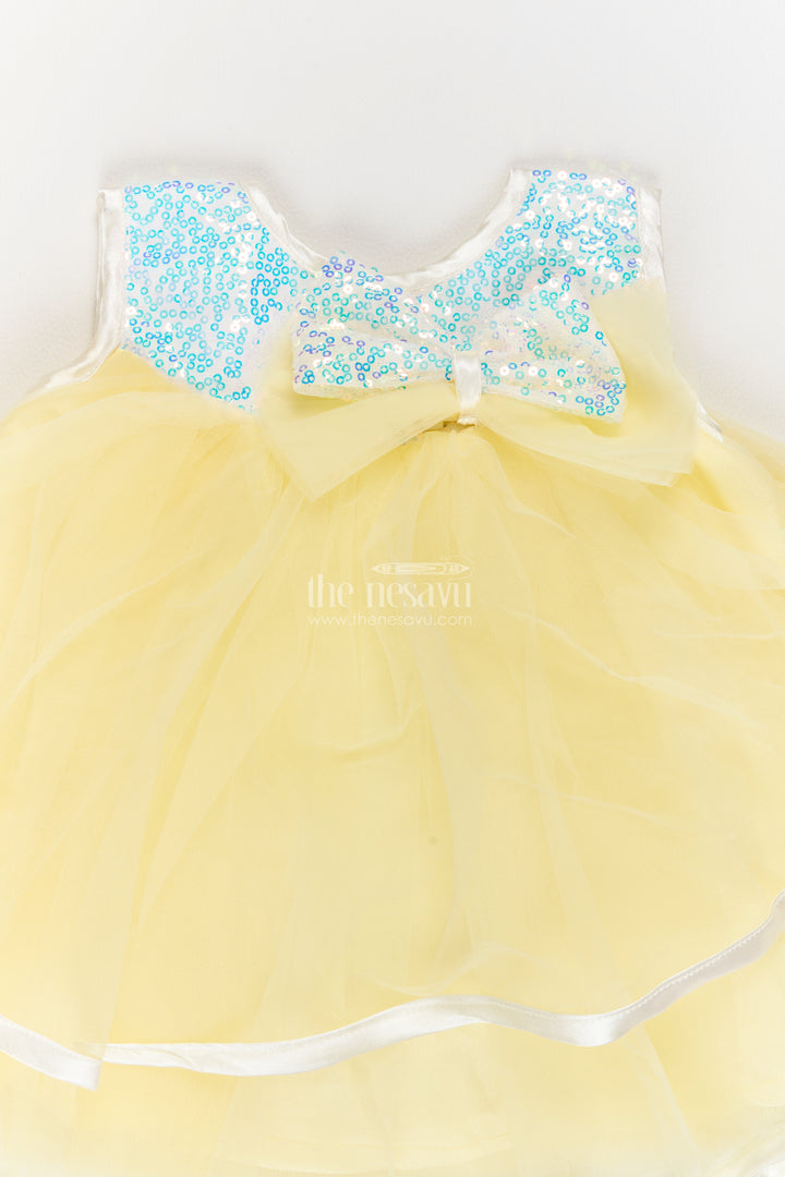 Girls Lemon Yellow Soft Net Ribbon Edged Tiers Party Frock