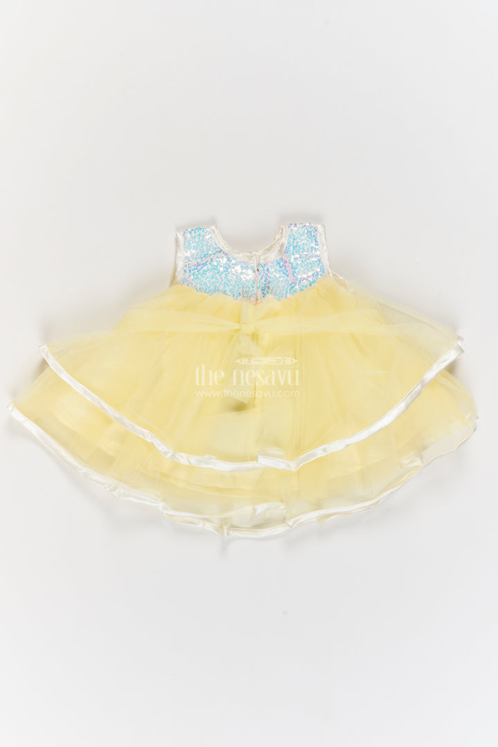 Girls Lemon Yellow Soft Net Ribbon Edged Tiers Party Frock