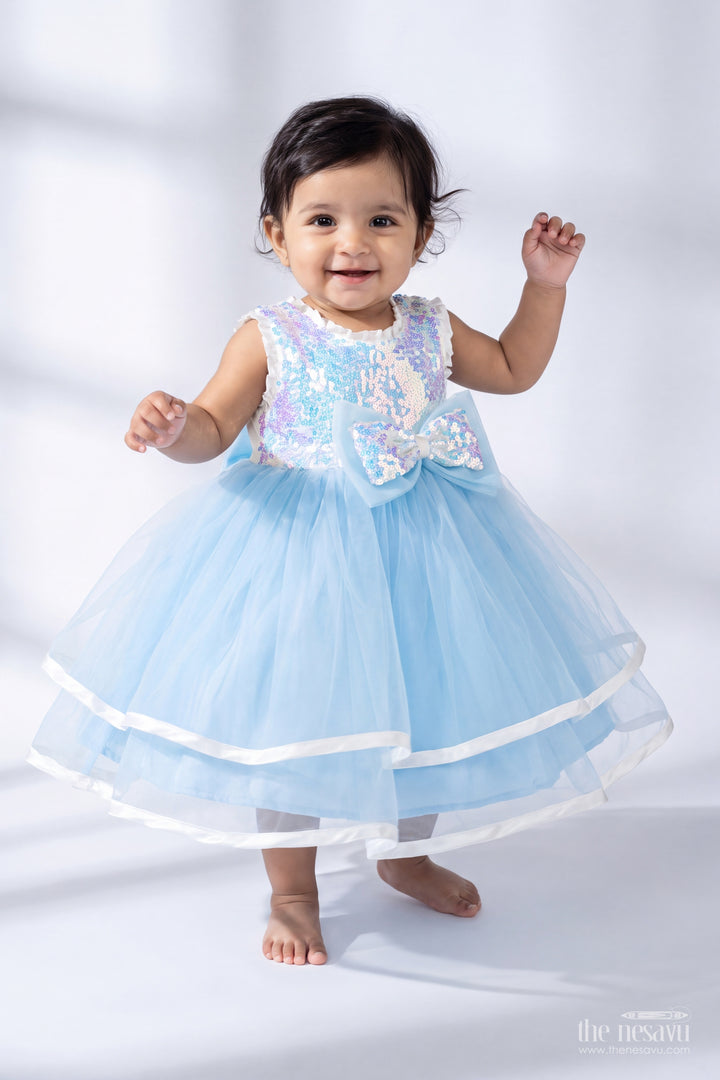 Girls Blue Grey Glitter Bow Layers Soft Net Party Frock