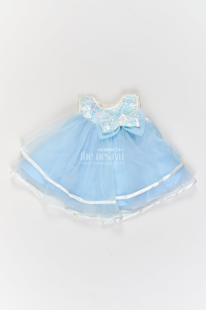 Girls Blue Grey Glitter Bow Layers Soft Net Party Frock