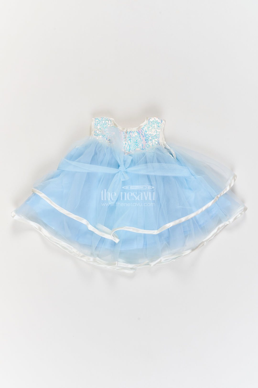 Girls Blue Grey Glitter Bow Layers Soft Net Party Frock