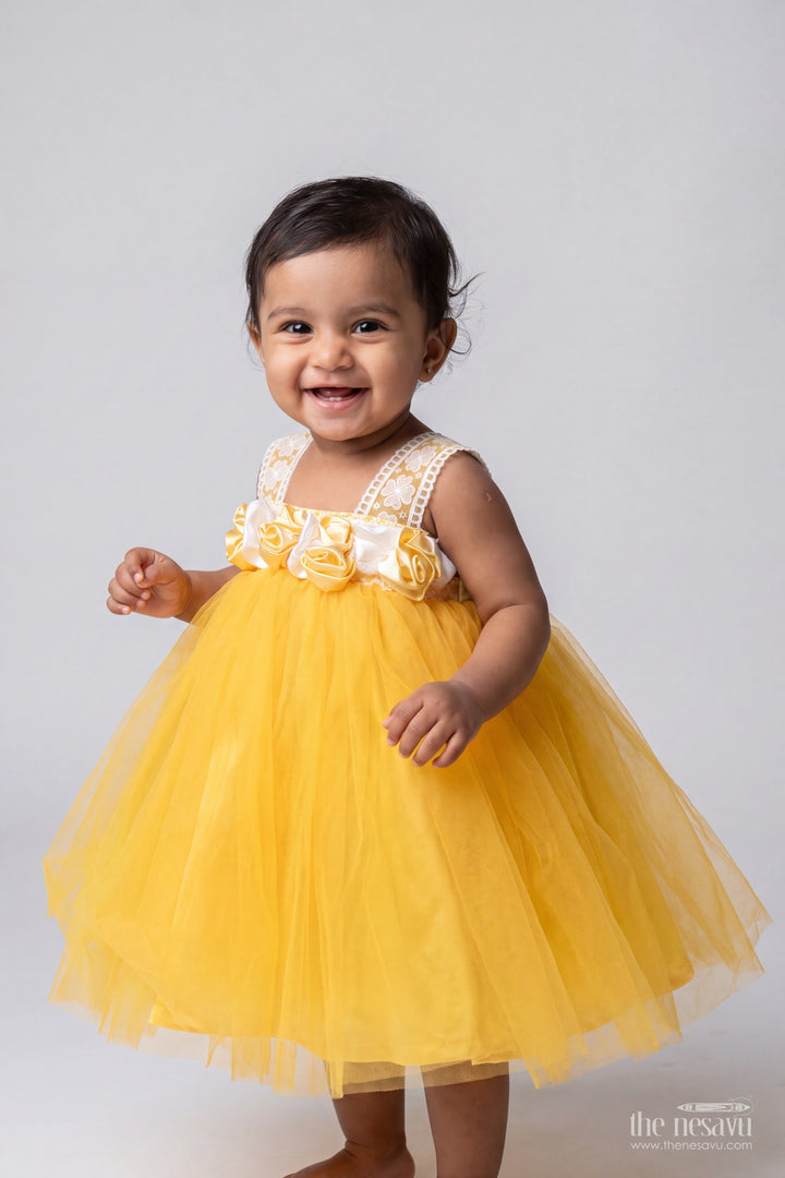 Girls Soft Net Party Frock in Golden Yellow with Rosette Strap