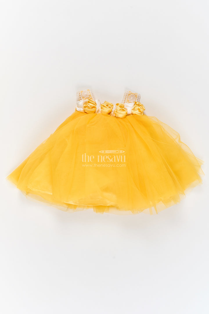 Girls Soft Net Party Frock in Golden Yellow with Rosette Strap