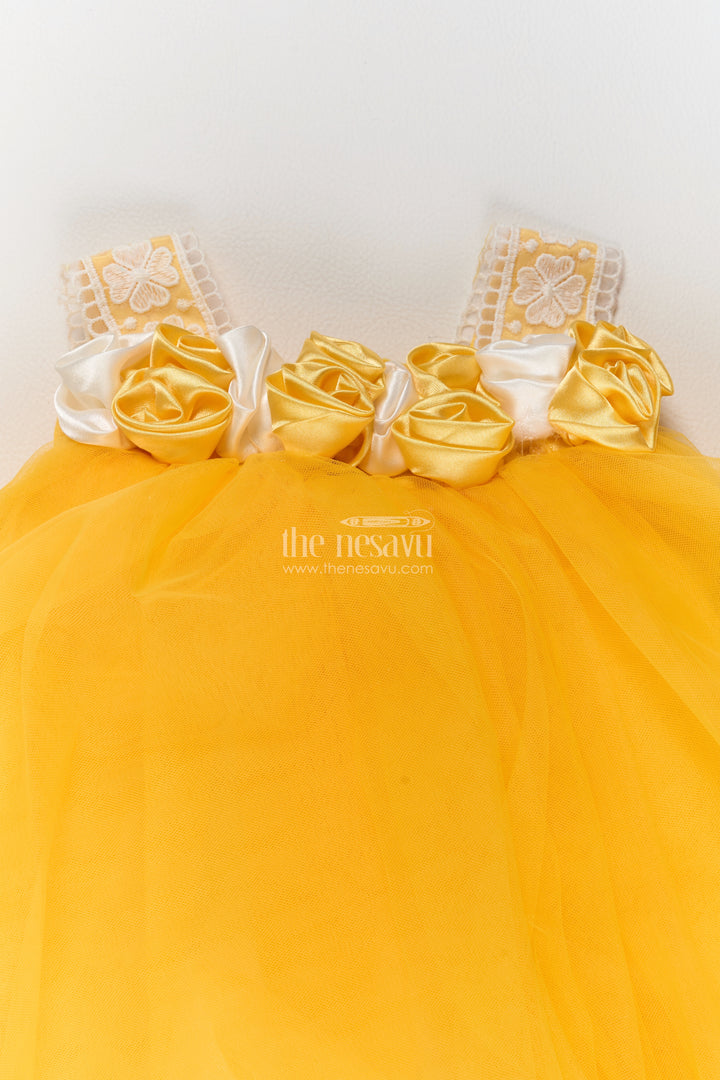 Girls Soft Net Party Frock in Golden Yellow with Rosette Strap