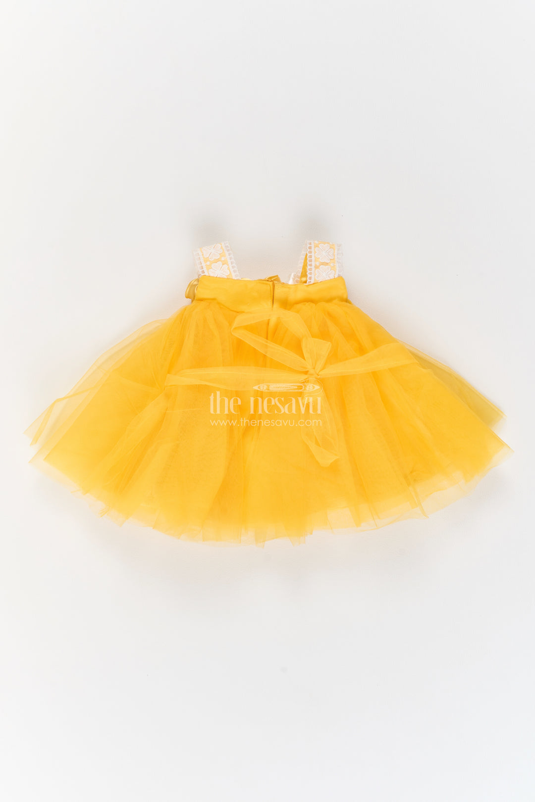 Girls Soft Net Party Frock in Golden Yellow with Rosette Strap