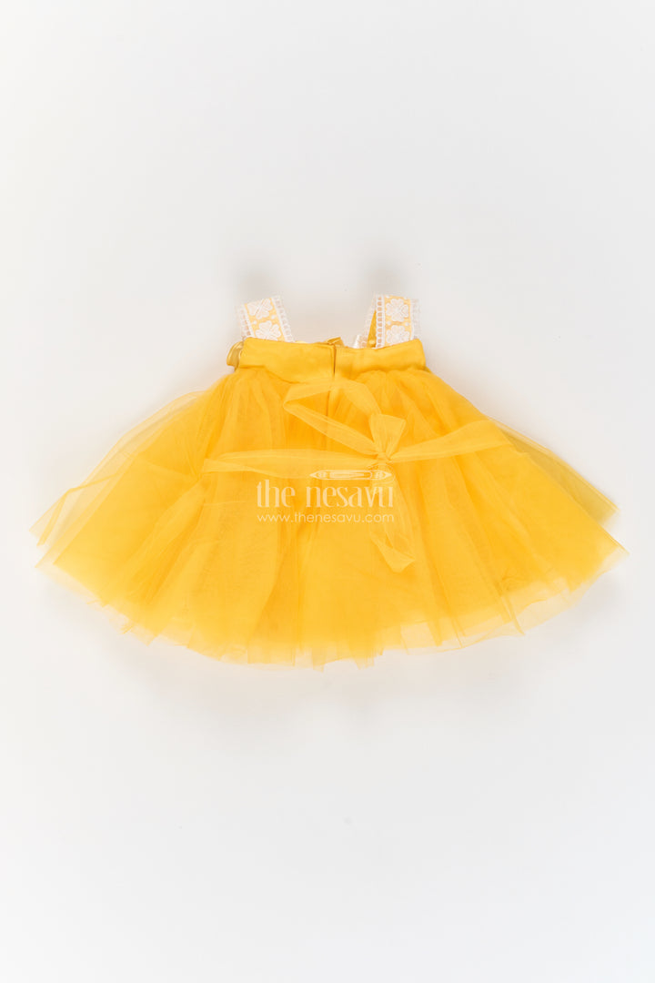 Girls Soft Net Party Frock in Golden Yellow with Rosette Strap