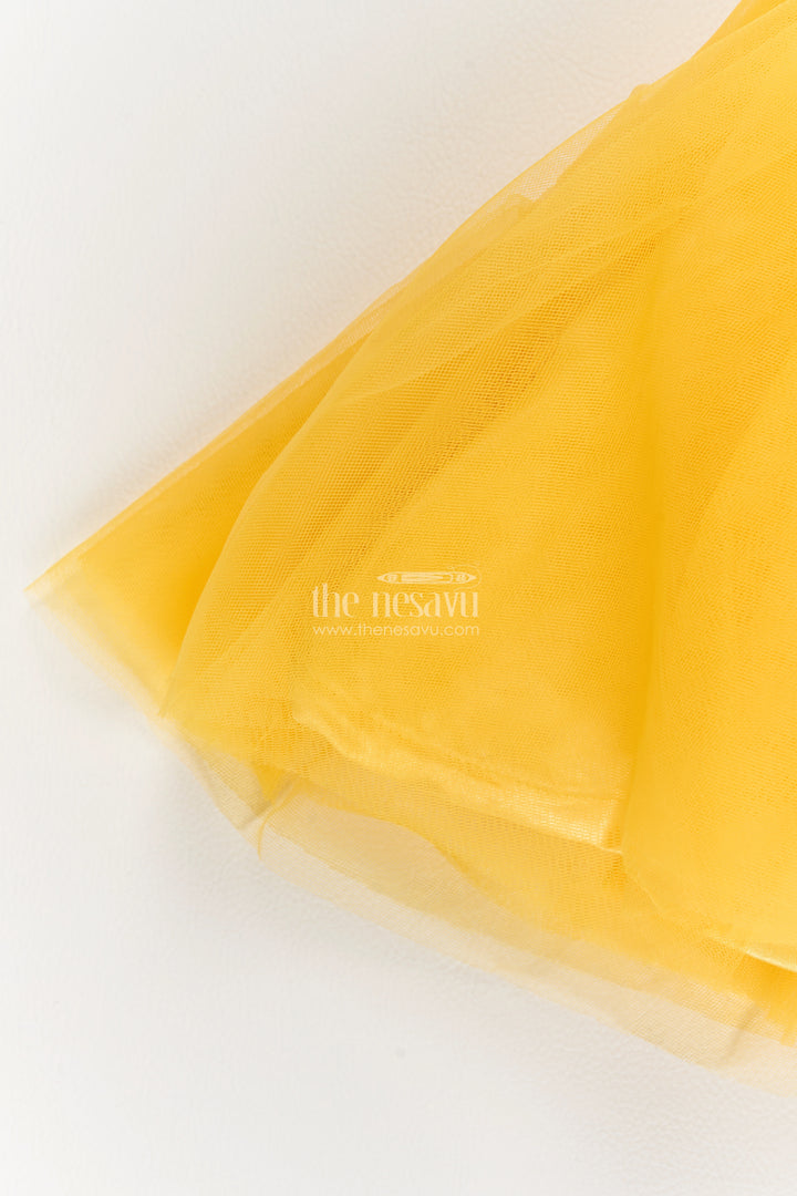 Girls Soft Net Party Frock in Golden Yellow with Rosette Strap
