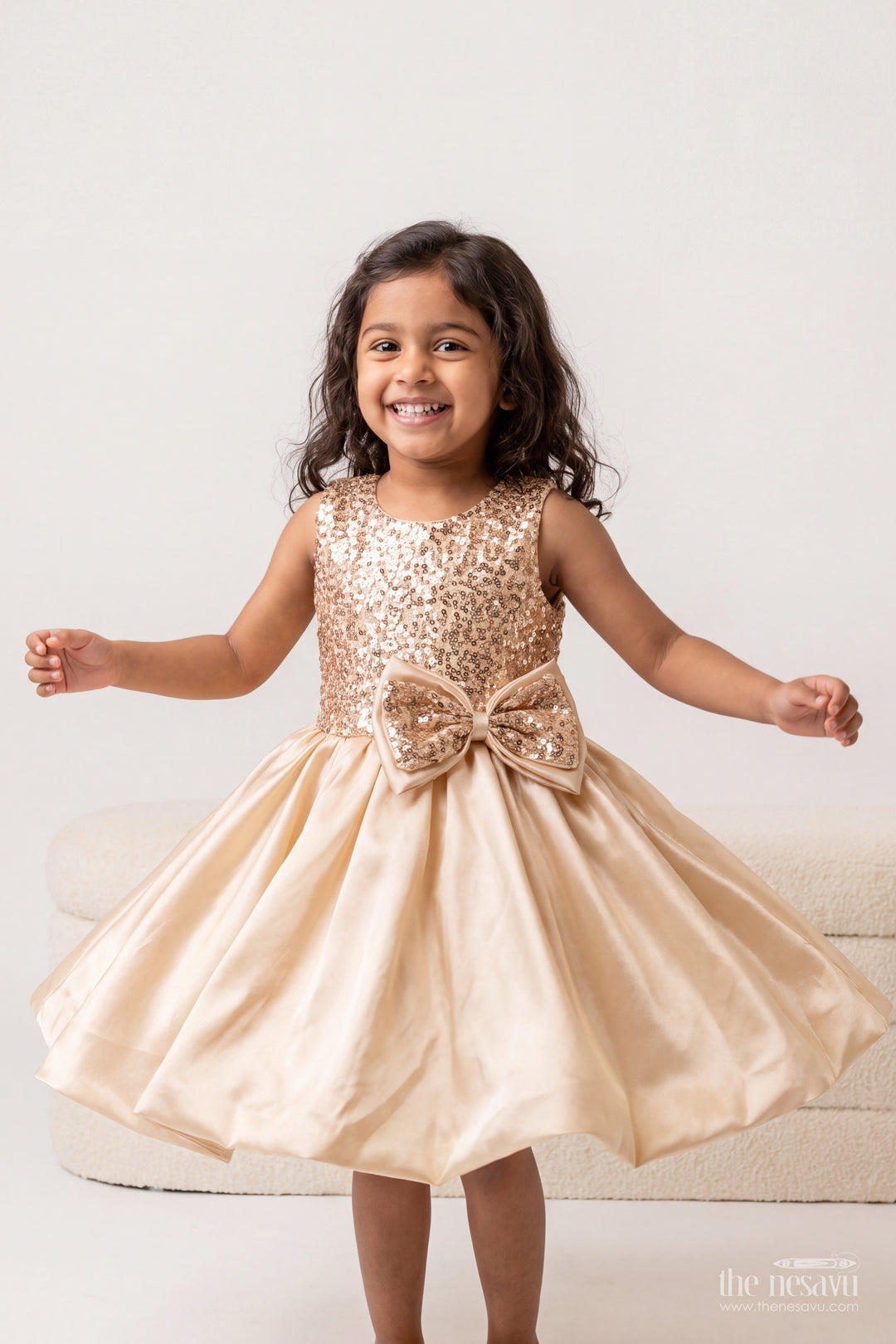 Girls Party Frock in Gold with Sequin Work