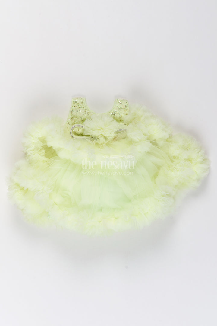 Girls Lemon Yellow Sequin Flower Tiers Soft Net Party Frock