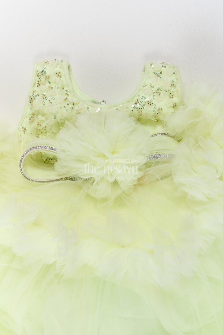 Girls Lemon Yellow Sequin Flower Tiers Soft Net Party Frock