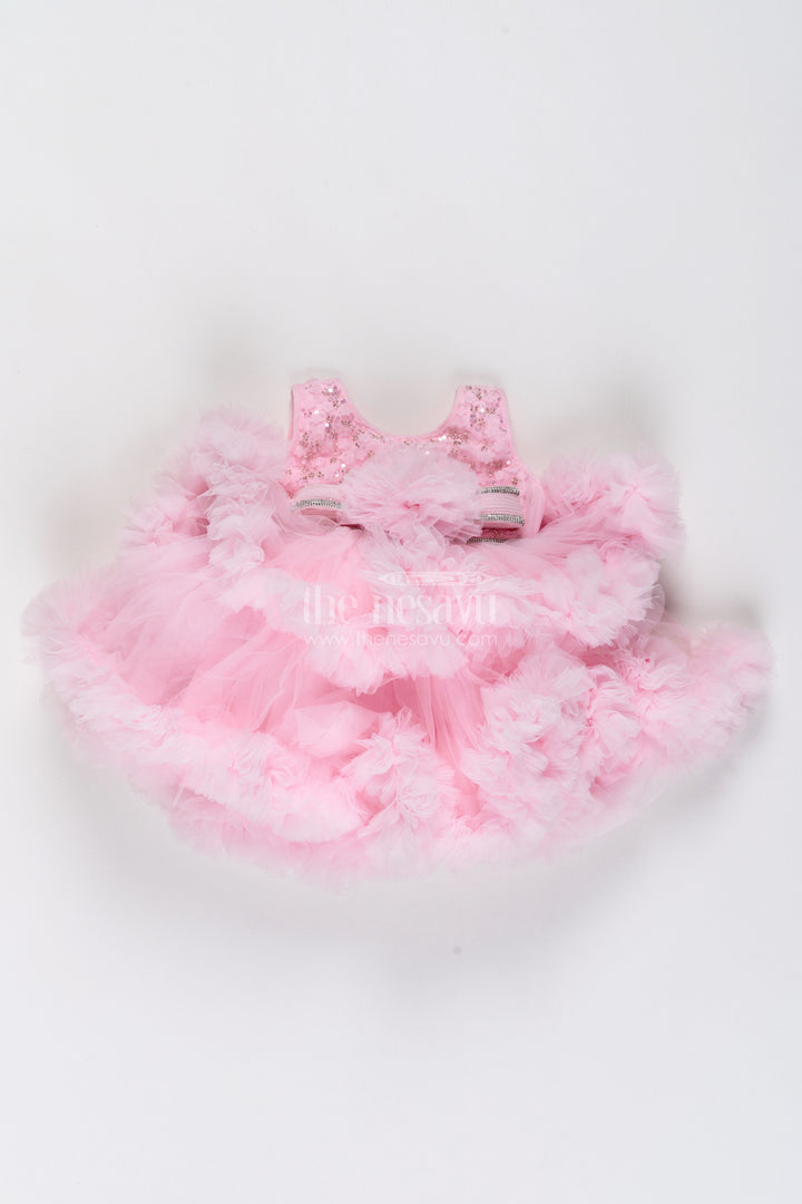 Girls Soft Net Party Frock in Baby Pink with Sparkling Flower Layers