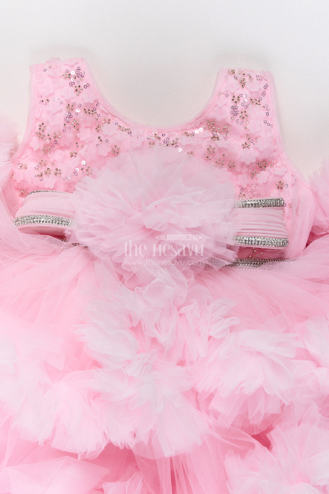 Girls Soft Net Party Frock in Baby Pink with Sparkling Flower Layers