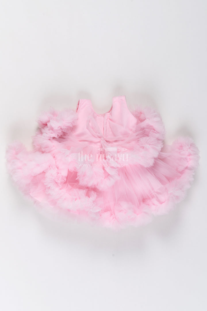 Girls Soft Net Party Frock in Baby Pink with Sparkling Flower Layers