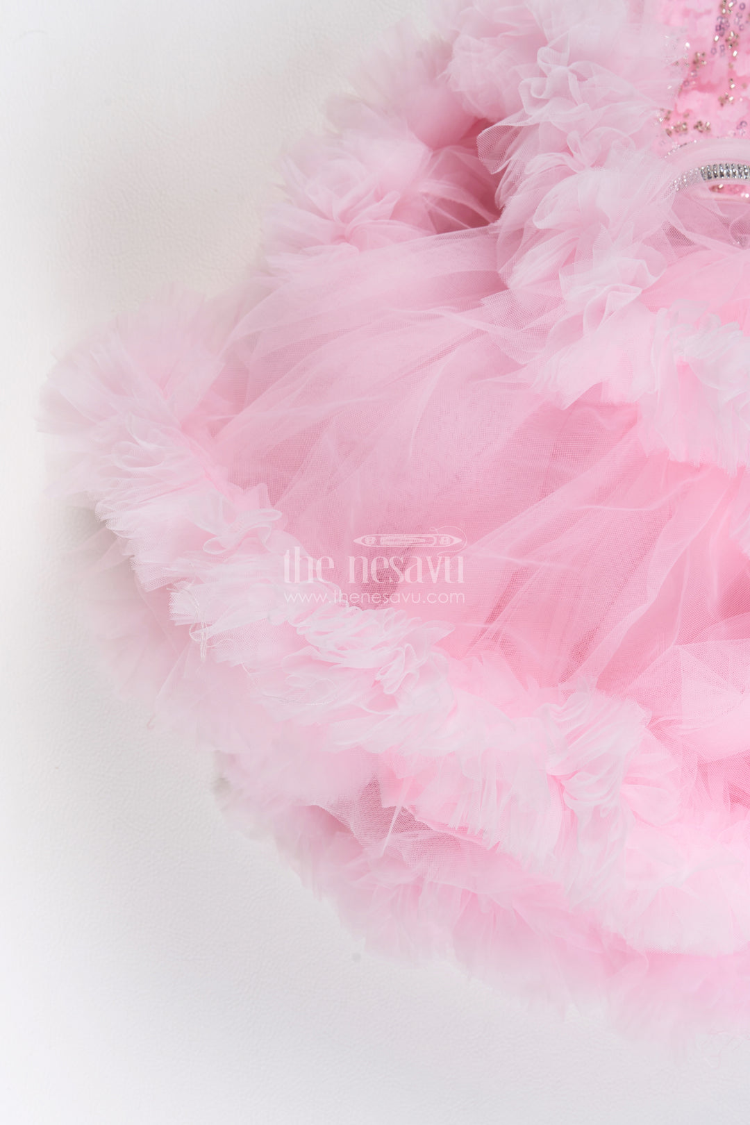 Girls Soft Net Party Frock in Baby Pink with Sparkling Flower Layers