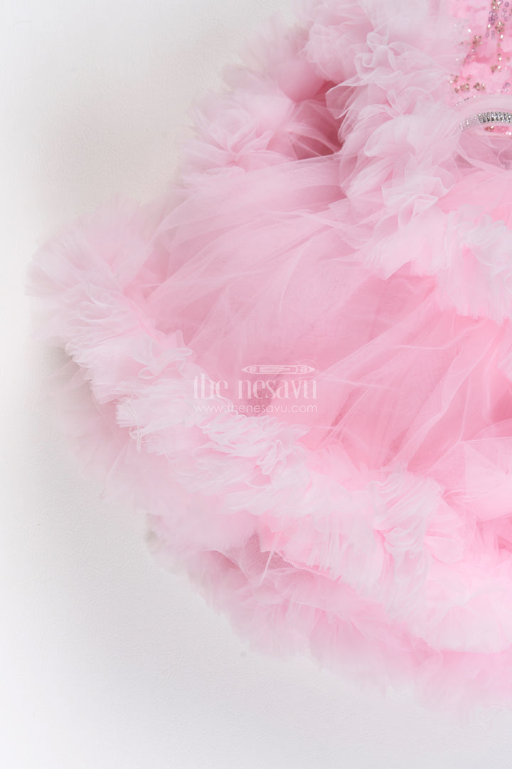Girls Soft Net Party Frock in Baby Pink with Sparkling Flower Layers