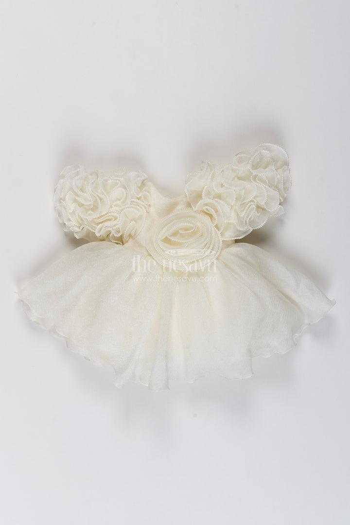 Girls Ivory Georgette Sculptural Rosette Party Frock