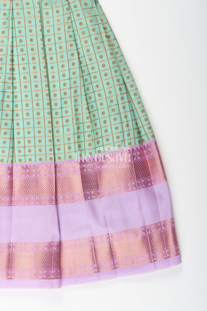 Girls green semi Kanchivaram silk frock with lavender border