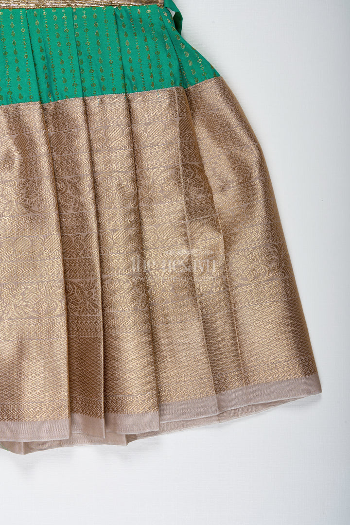 Gold And Green Frock For Baby Girls Semi Silk Ethnic Dress With Brocade Detailing