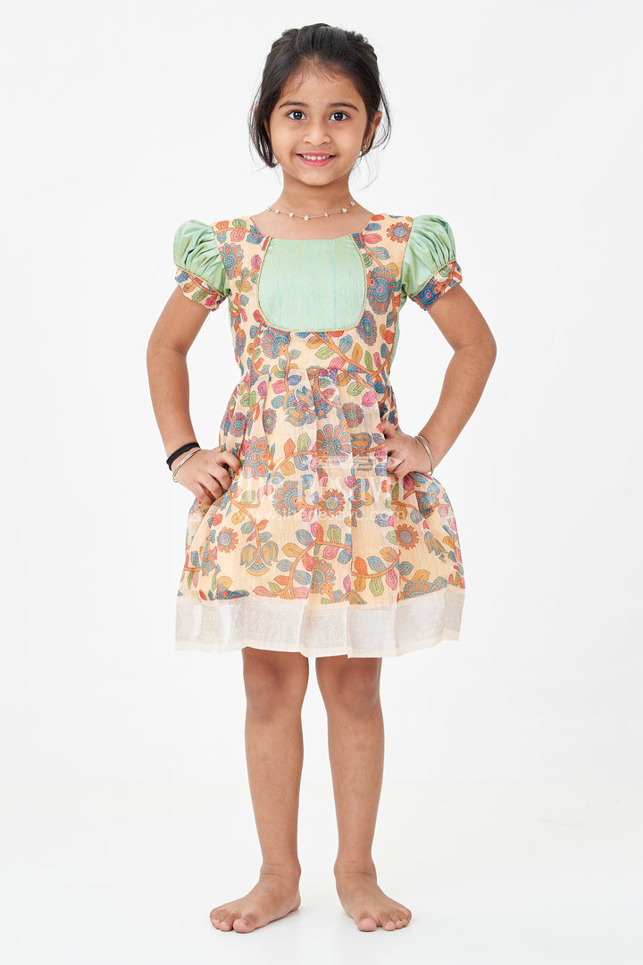 Girls New Dress Collection in Printed Chanderi Cotton with Raw Silk Yoke and Short Puff Sleeves
