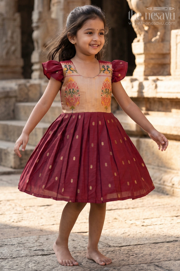 Dress Silk Frock for Girls in Rich Maroon Chanderi with Festive Paithani Embellished Yoke