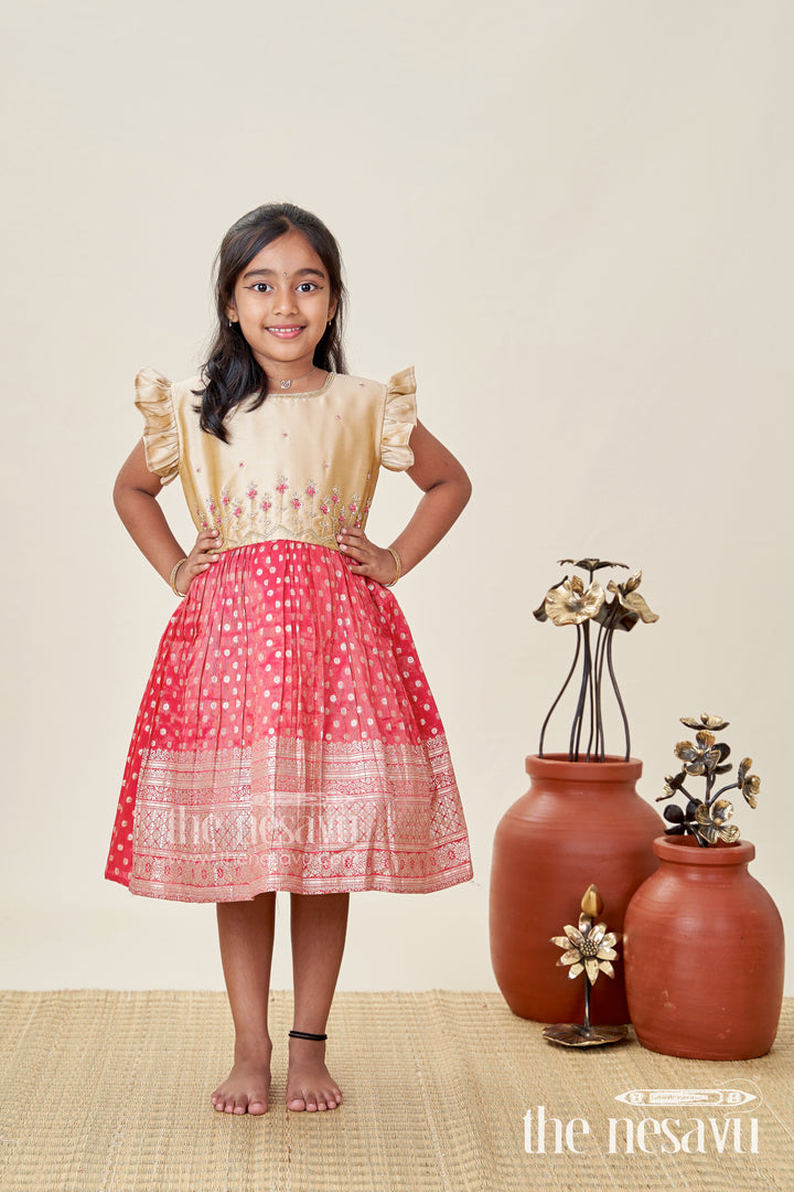 Infant Girl Red Silk Frock with Golden Tissue Flare and Puff Sleeves