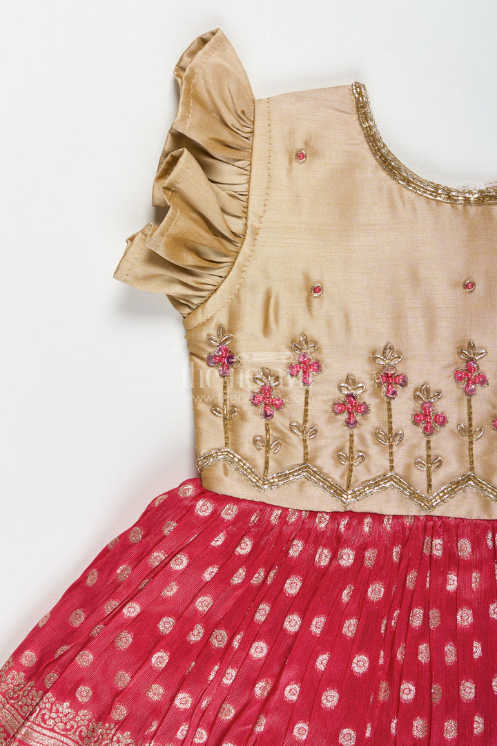 Infant Girl Red Silk Frock with Golden Tissue Flare and Puff Sleeves
