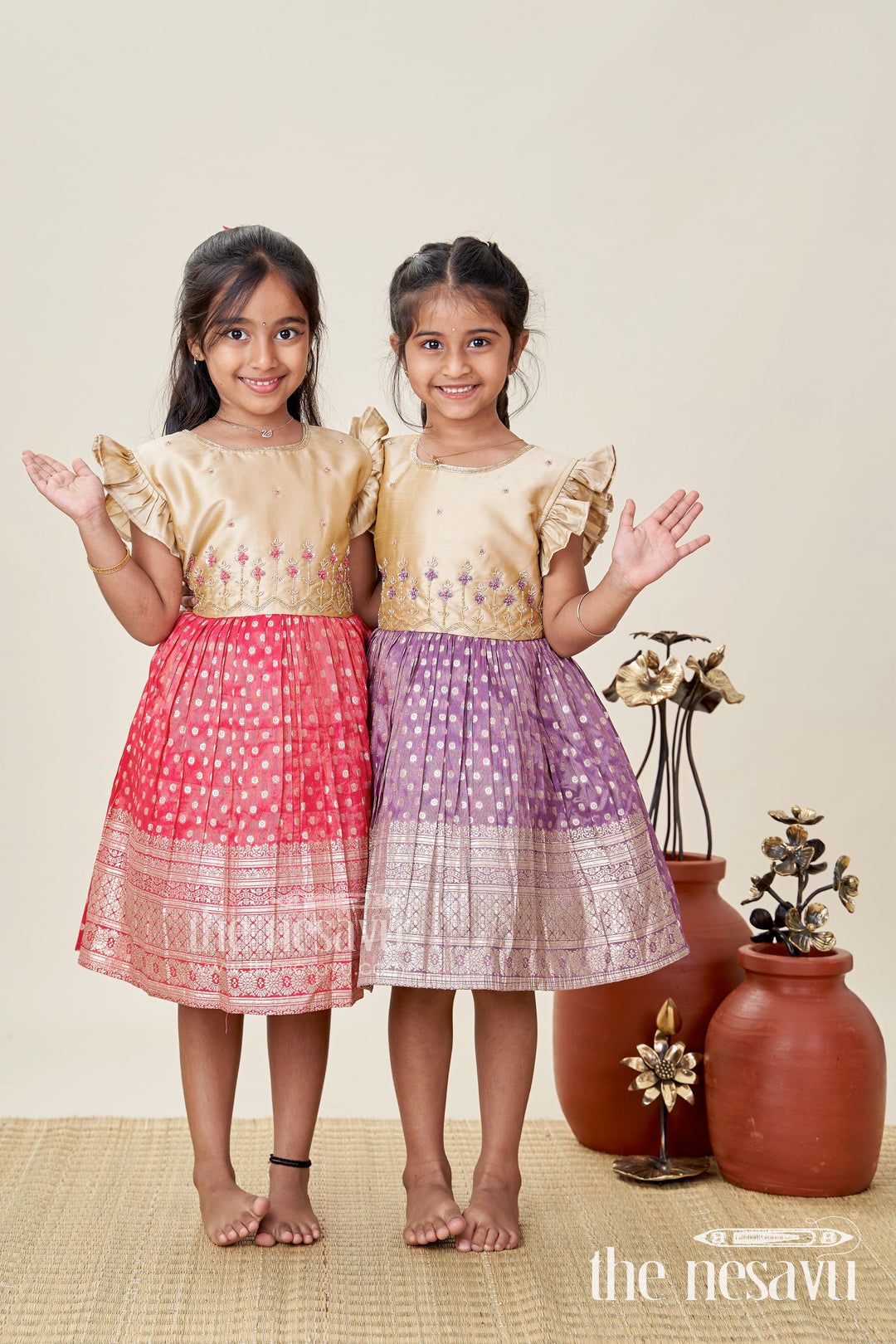 Infant Girl Red Silk Frock with Golden Tissue Flare and Puff Sleeves