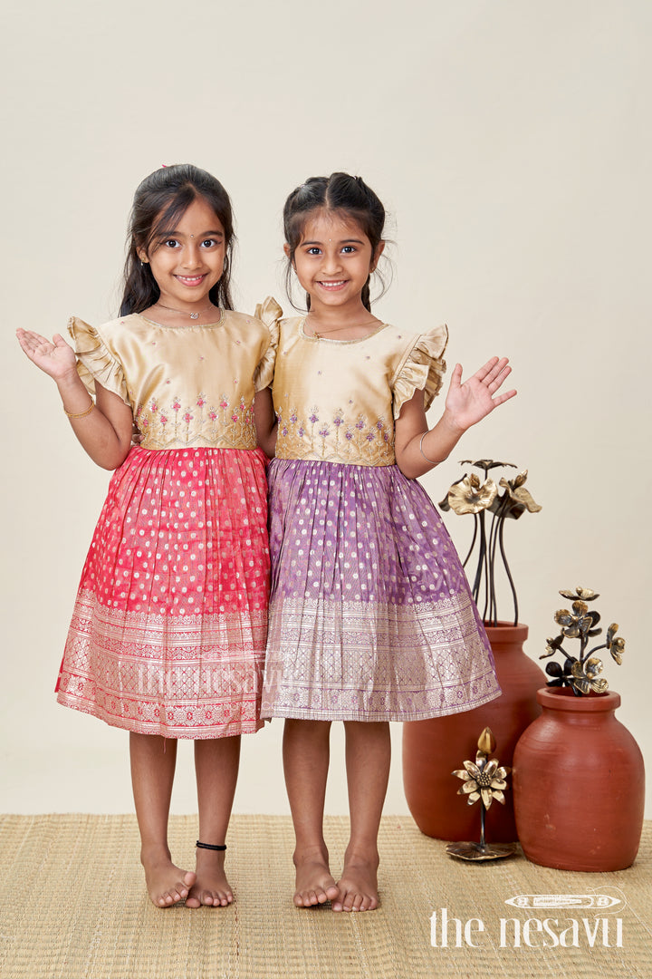 Infant Girl Red Silk Frock with Golden Tissue Flare and Puff Sleeves