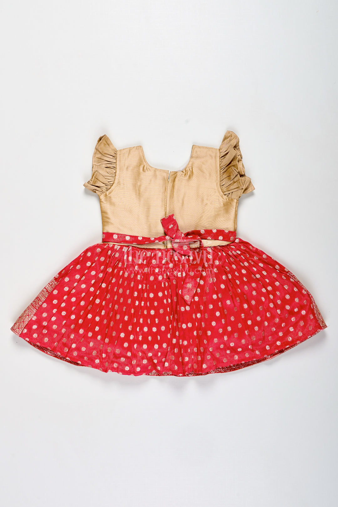 Infant Girl Red Silk Frock with Golden Tissue Flare and Puff Sleeves