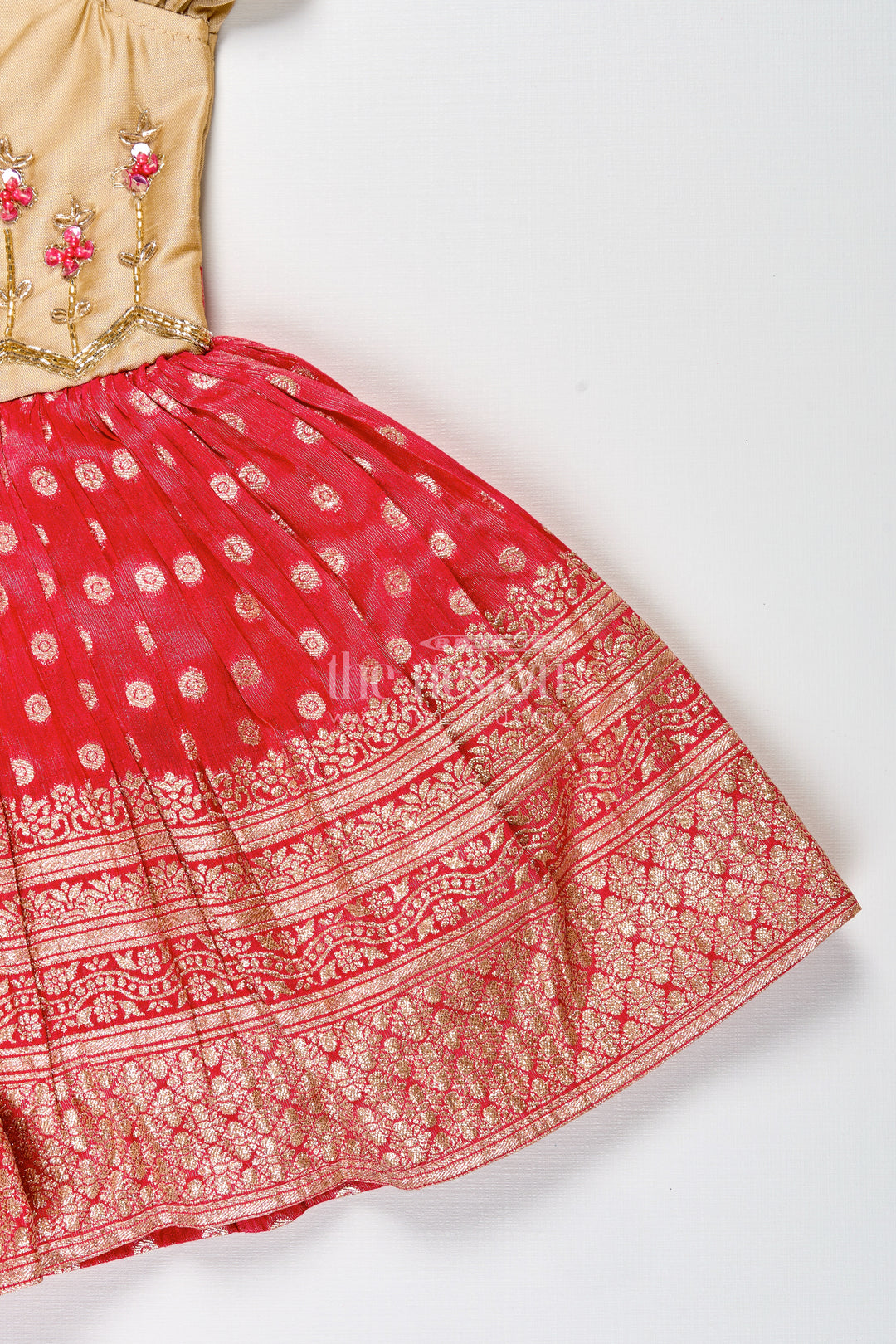 Infant Girl Red Silk Frock with Golden Tissue Flare and Puff Sleeves