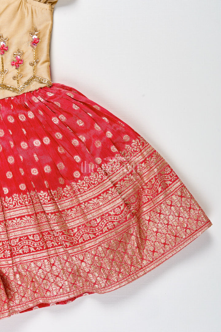 Infant Girl Red Silk Frock with Golden Tissue Flare and Puff Sleeves