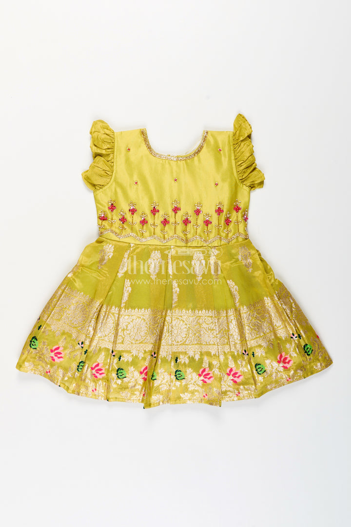 Silk party frock for baby girls with zari border and floral work