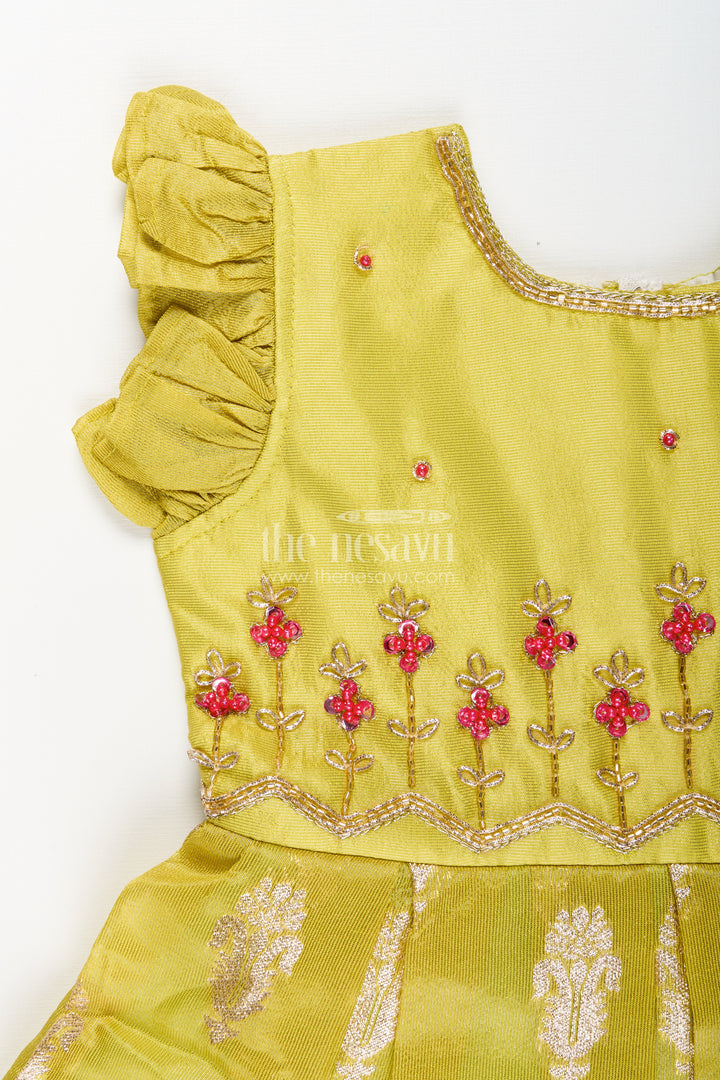 Silk party frock for baby girls with zari border and floral work