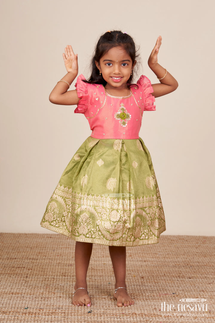 Baby girl silk frock with festive zari finish for birthdays and ethnic celebrations