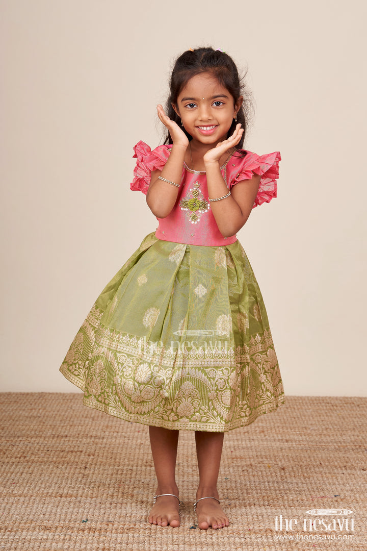 Baby girl silk frock with festive zari finish for birthdays and ethnic celebrations