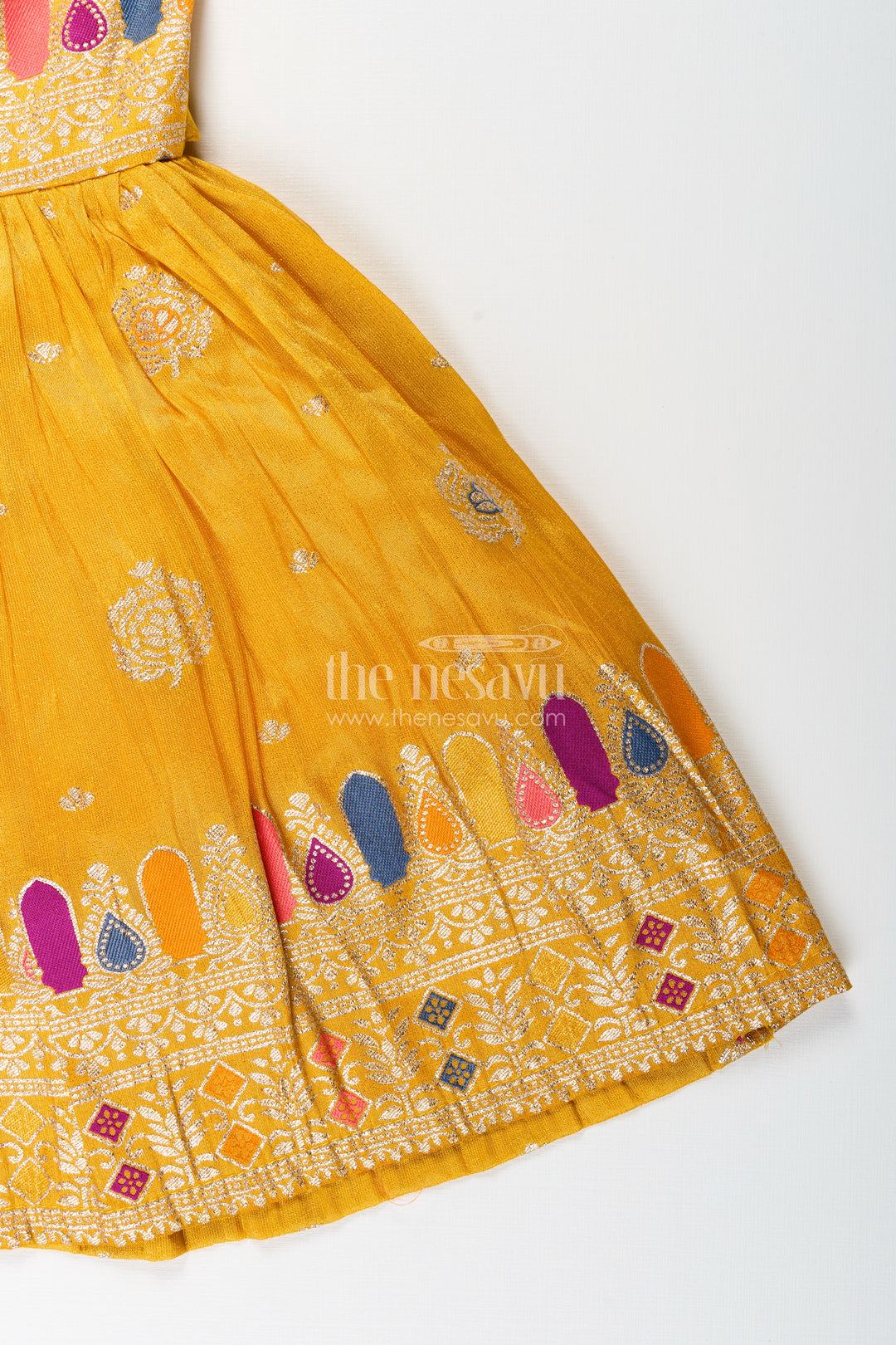 Silk party frock for baby girls with mirror border and tie-up sleeves
