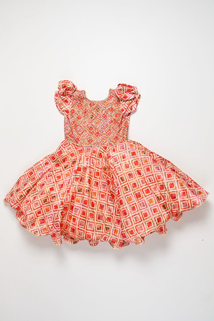 Girls silk party frock with beads and digital print design