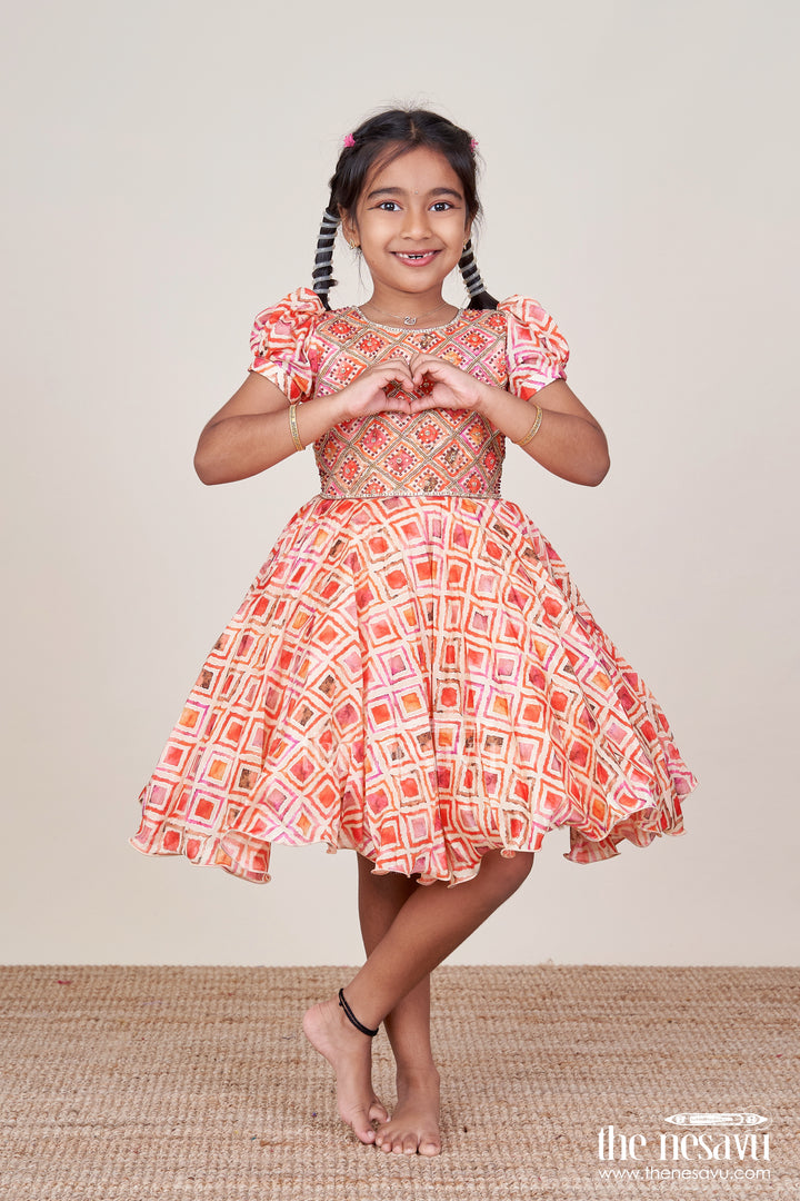 Girls Silk Party Frock with Beads and Digital Print Design