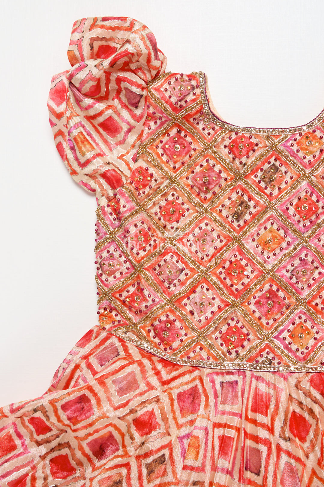 Girls silk party frock with beads and digital print design