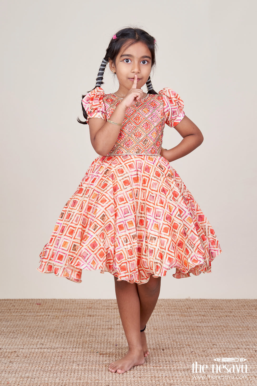 Girls Silk Party Frock with Beads and Digital Print Design