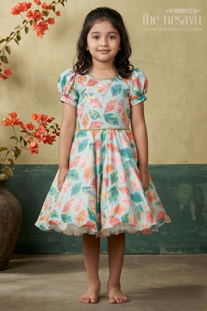Girls Silk Party Frock with Beads and Leafy Digital Print