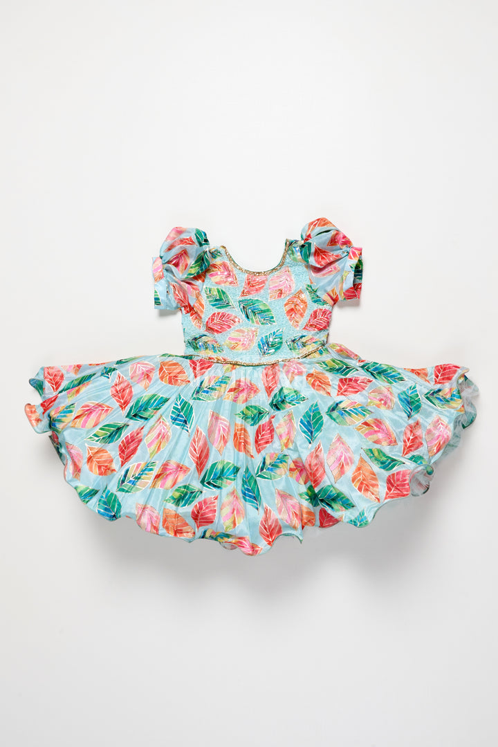 Girls silk party frock with beads and leafy digital print