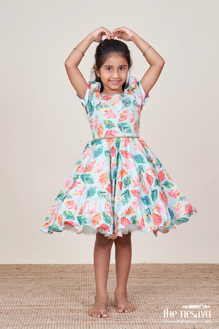 Girls Silk Party Frock with Beads and Leafy Digital Print