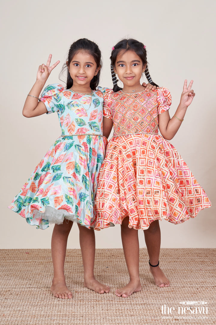 Girls Silk Party Frock with Beads and Leafy Digital Print