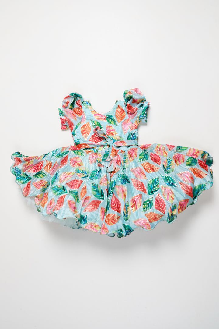Girls silk party frock with beads and leafy digital print